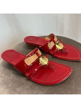 Stuart Weitzman red patent tan brown gold sandals Sz 7.5
